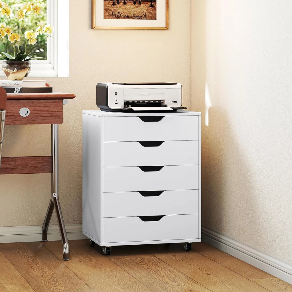 Cassetto da scrivania mobile con 5 cassetti da ufficio, mobile da ufficio, organizer con ruote, supporto per stampante per cartelle, documenti, documenti, carta, 48 x 39,5 x 69,5 cm (Bianco)