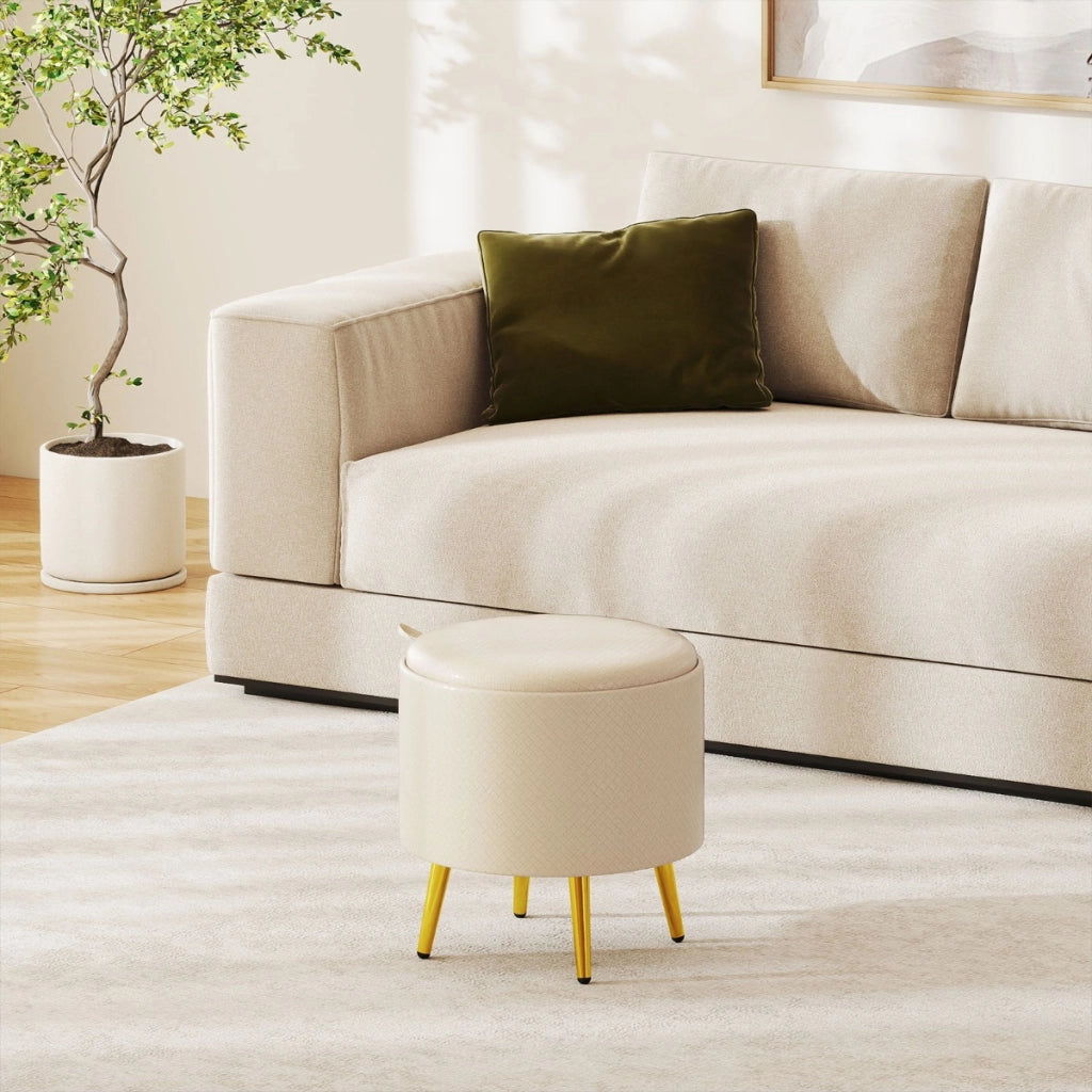 Set di 2 pouf contenitori poggiapiedi rotondi rivestiti in finta pelle con vassoi, Pouf soggiorno e camera da letto-Sgabelli
