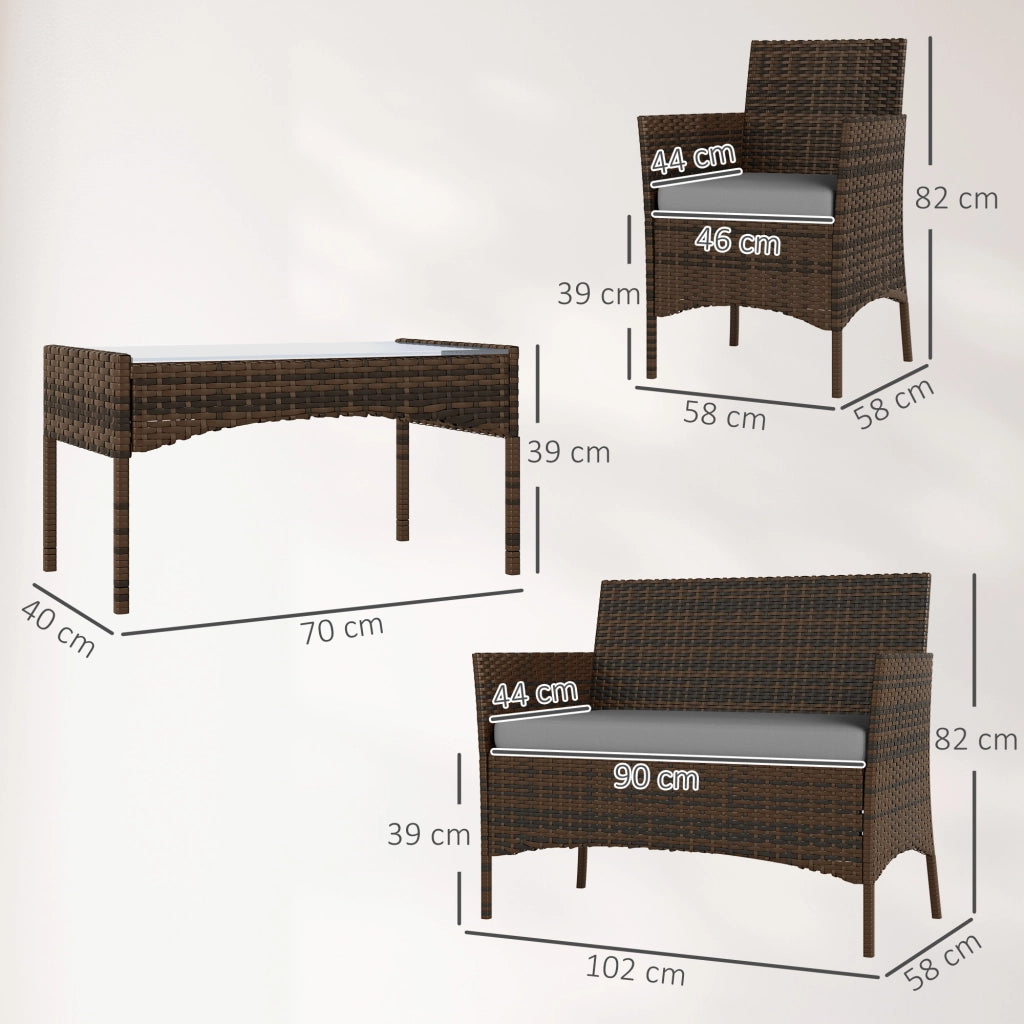 Set da Giardino con Divano 2 Posti 2 Sedie e Tavolino Basso in Rattan e Acciaio Grigio e Marrone