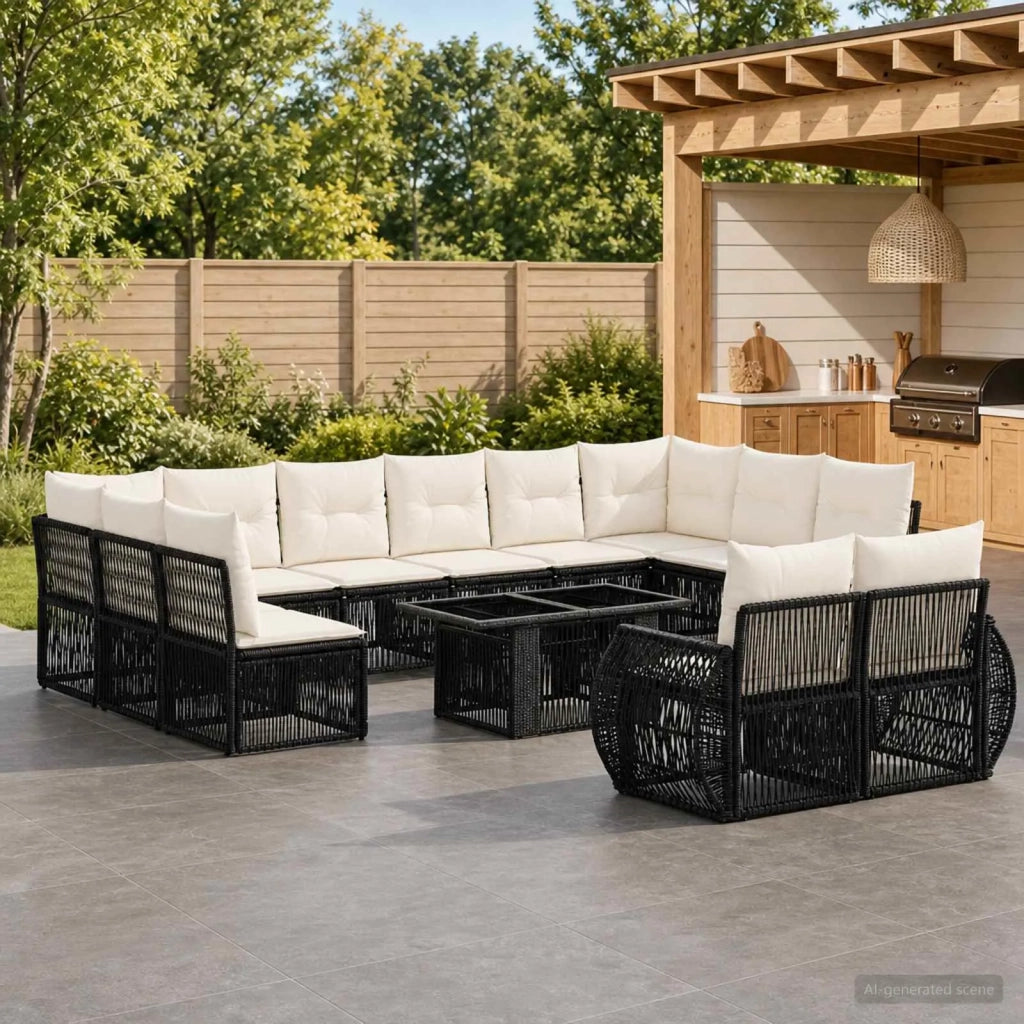 Set Divano da Giardino 13 pz Nero e Bianco Crema polyrattan 3437011