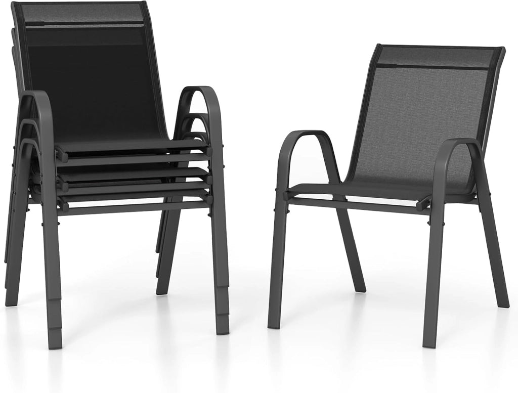 Set di 4 Sedie da Giardino, Poltrone in Tessuto Textilene per Esterno, Sedie Impilabili con Gambe in Metallo, Portata 150 kg, 56 x 70 x 84 cm (Nero,4)