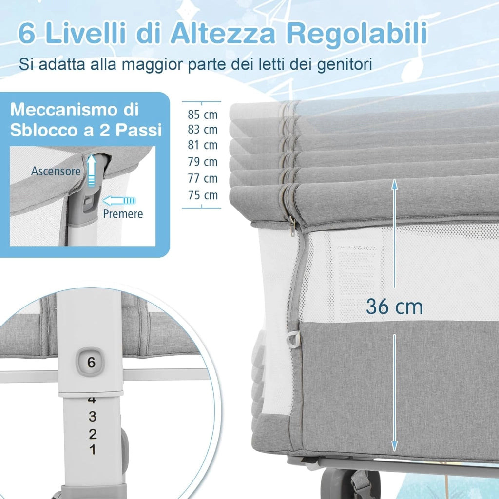 Culla Neonato con Matterasso, Culla Next to Me Piechevole con Altezza Regolabile a 6 Livelli, Lettino Bambino con Mensola Portaoggetti, Borsa da Trasporto, per Bambini 0-6 Mesi (Grigio Chiaro)