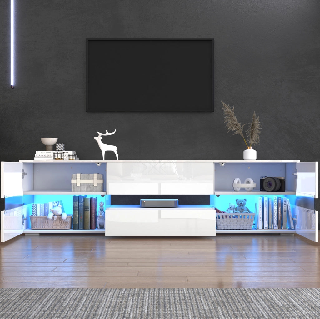 Mobile TV bianco lucido con LED, ante a pressione e vano aperto