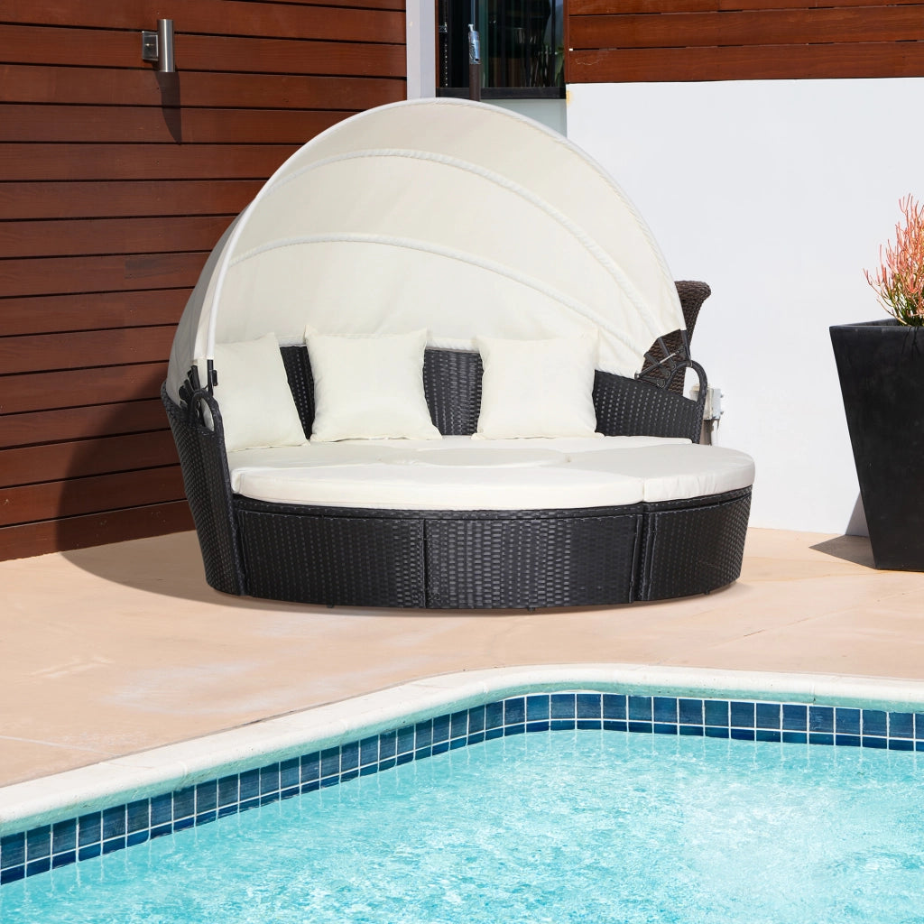 Set 4 Pzi Divano Circolare da Giardino, Mobili Componibili Rattan Nero, Tettuccio e Cuscini Beige 180x175x147cm