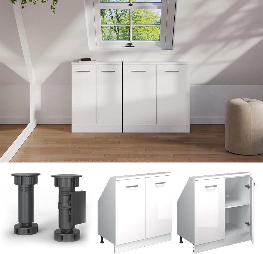Mobile sottotetto Rion, Bianco lucido/bianco, con 2 porte