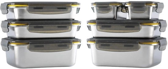 Set di 7 contenitori in acciaio inossidabile per alimenti - 3 x 820 ml + 2 x 1200 ml + 2 x 260 ml - ermetici - adatti per forno a microonde, forno, congelatore - per la preparazione di porzioni.