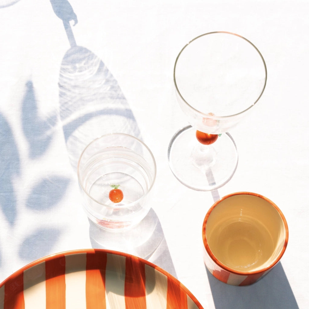 Zafferano Calice Teca Frutta in vetro borosilicato con decoro Arancia nel gambo, lavorazione artigianale per tavole eleganti e vivaci - Set 1 pezzo