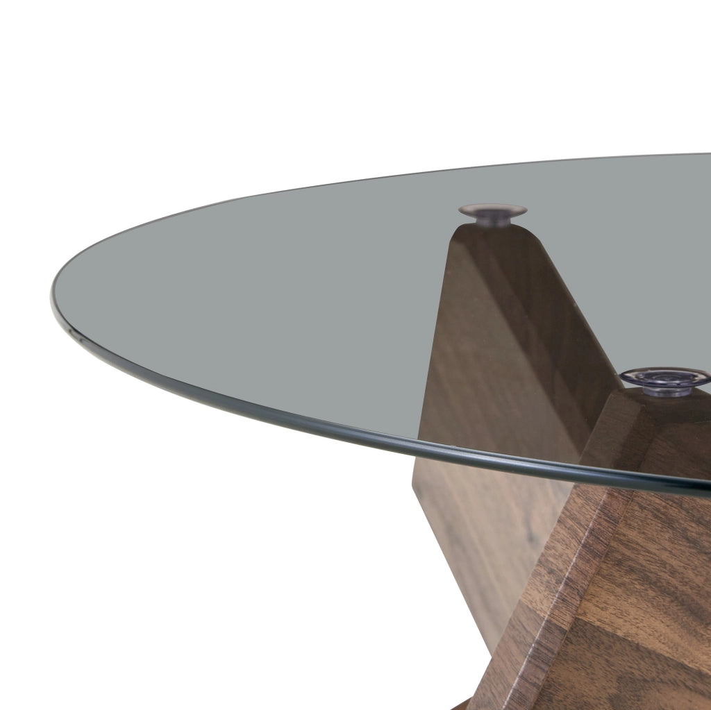Tavolino da caffè rotondo 88.5x88.5x12.5 cm con piano in vetro temperato; MDF e vetro noce