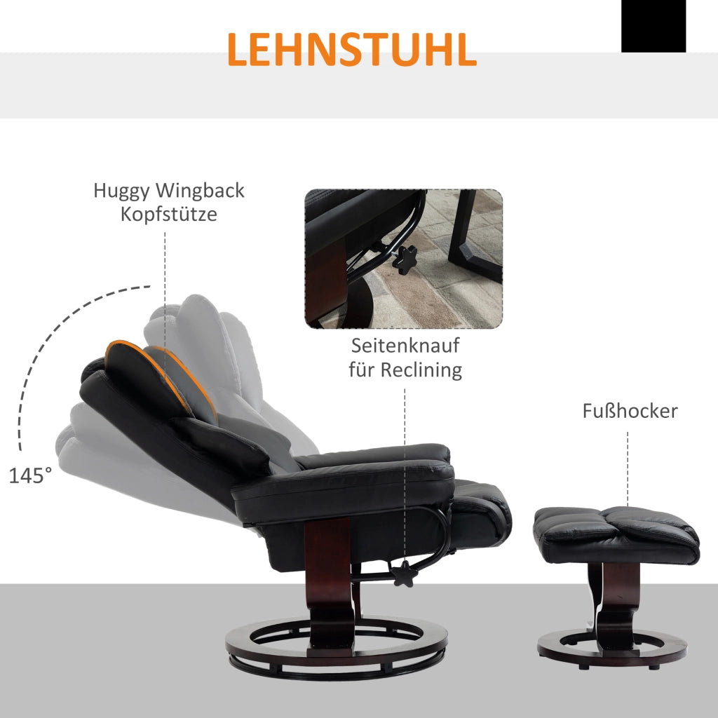 Poltrona Relax Reclinabile Girevole con Poggiapiedi ¨C Minimal ¨C Similpelle Nero, Struttura Metallo, 80x79x100 cm