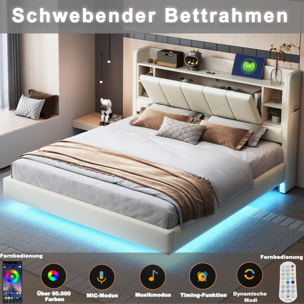 Letto matrimoniale imbottito 160x200 cm beige con LED; USB e testiera con vani contenitore