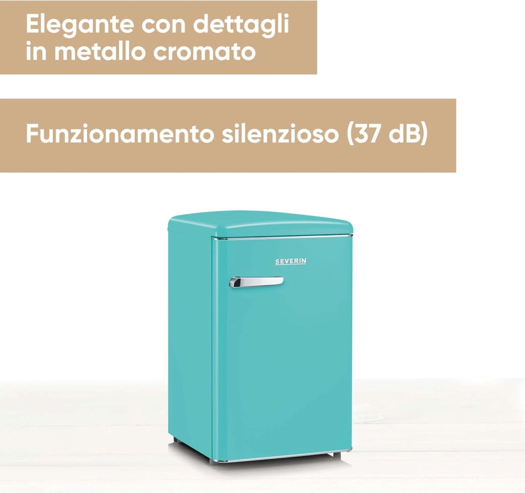 Severin rks 8834 mini frigorifero retrò 108l, frigorifero piccolo e silenzioso con diversi scomparti, congelatore 13l e portabottiglie, 37 db, classe energetica d, turchese