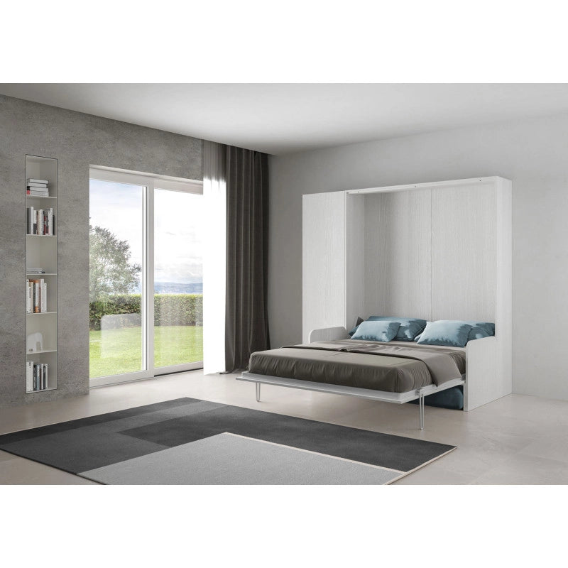 Letto matrimoniale a scomparsa 160 Kentaro con divano e colonna , azzurro - Bianco Frassino