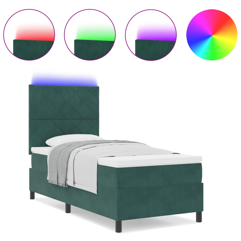 Letto a Molle con Materasso e LED Verde Scuro 90x200 cm Velluto