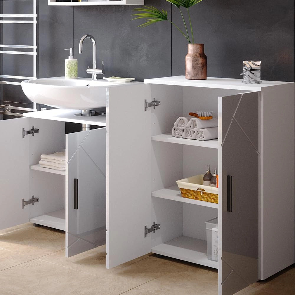 Set di mobili da bagno Irma, Bianco lucido, 2 parti, con unità midi, composto da mobile sottolavabo e armadio medio