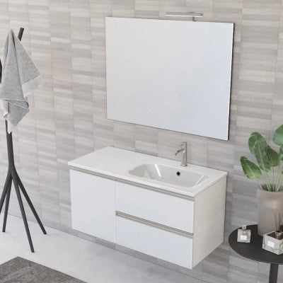 Mobile bagno sospeso 100 cm bianco opaco con cassetti e anta completo di lavabo a destra e specchio Master