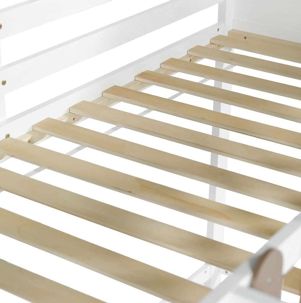 Letto a soppalco 90x200 cm con scivolo, tetto e scala, bianco noce