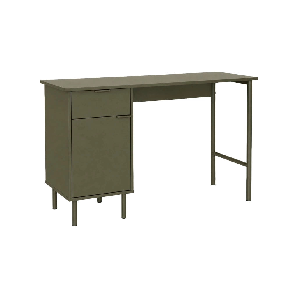 Scrivania decorata in legno e metallo 1 cassetto 1 anta, verde kaki