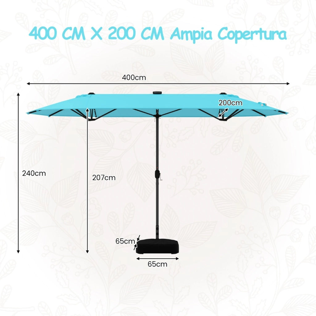 Ombrellone doppio da giardino con luci solari 4x2m, Ombrellone rettangolare grande con manovella base Azzurro-Ombrelloni
