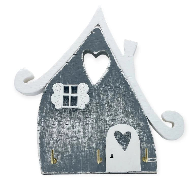 Portachiavi da Parete in Legno con Cuori 3 Ganci Grigio