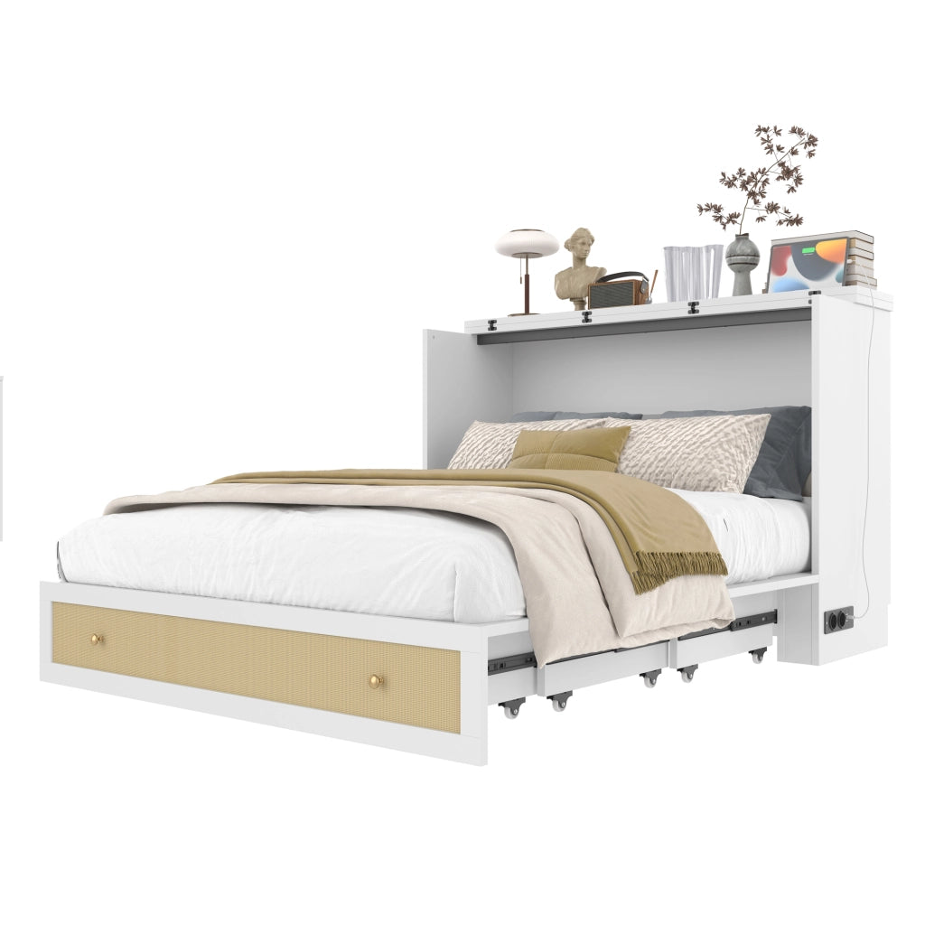 OKWISH Letto a Scomparsa 140×200 cm, Letto Matrimoniale con 1 Cassetto, USB, Presa e Mensole, senza Materasso, in MDF, Bianco