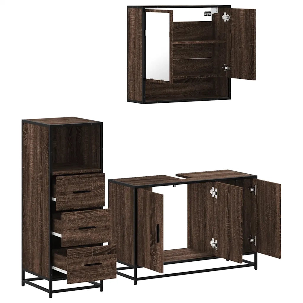Set Mobili da Bagno 3 pz Rovere Marrone in Legno Multistrato