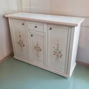 Credenza madia buffet in legno Shabby chic bianco anticato decorato filo rosa