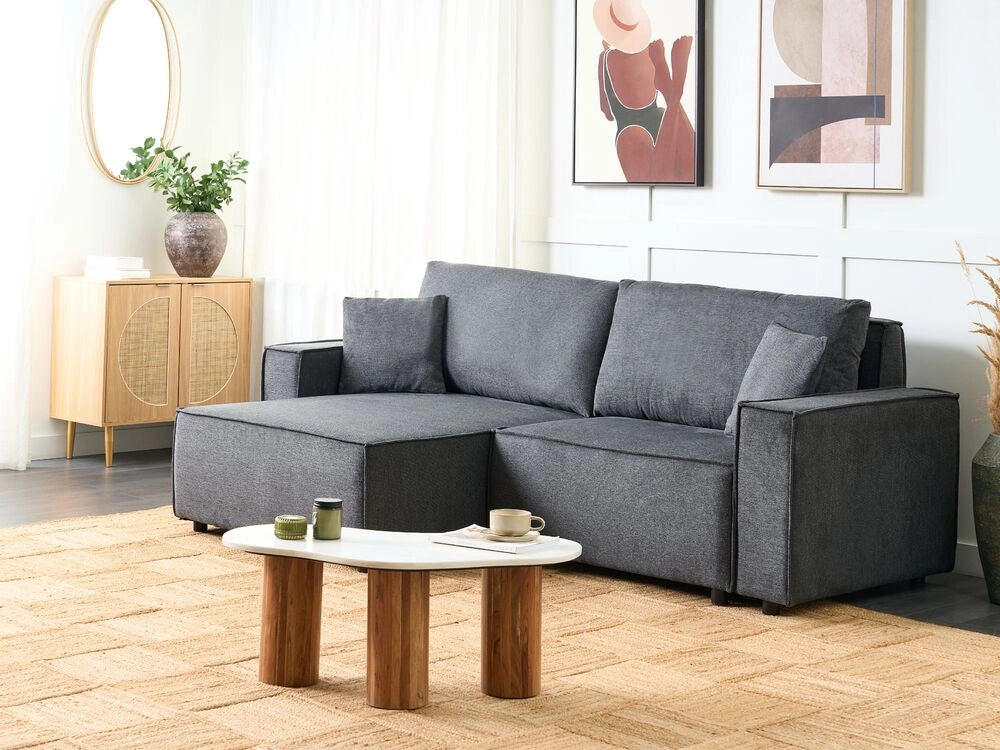 Divano letto angolare a destra Grigio Scuro Tessuto poliestere imbottito 3 posti a L con cuscini Funzione letto Stile moderno Soggiorno