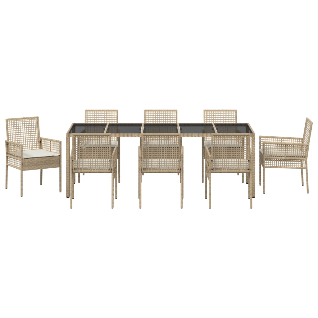 Set da pranzo da giardino 9 pezzi con cuscini beige in polyrattan