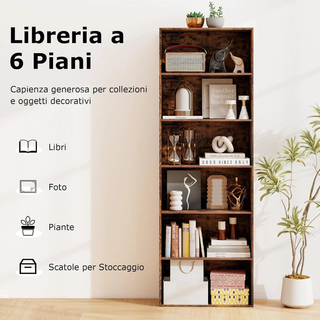 Libreria a 6 Ripiani, Organizzatore per Libri da Terra con 2 Kit Antiribaltamento, Scaffale Moderno per Esposizione per Soggiorno Camera Studio, 60 x 23,5 x 178 cm (Marrone)