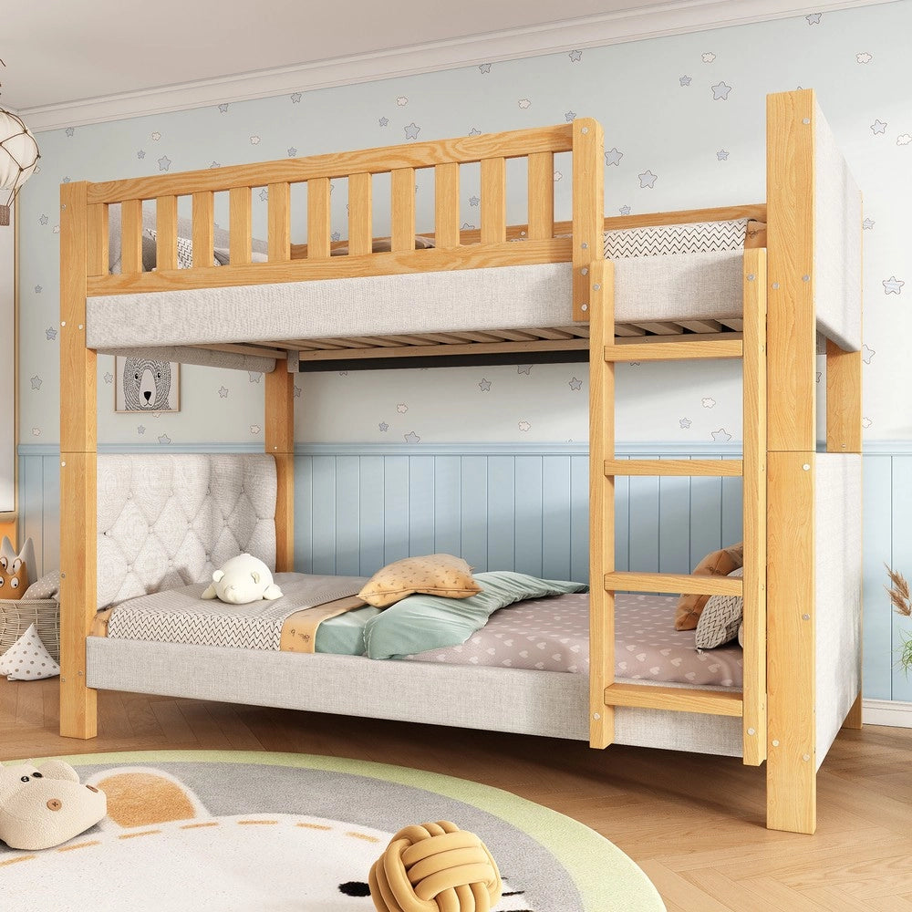 Letto a Castello Bambini con Scala ¨C Xylo ¨C Legno, Grigio e Naturale, 90x200
