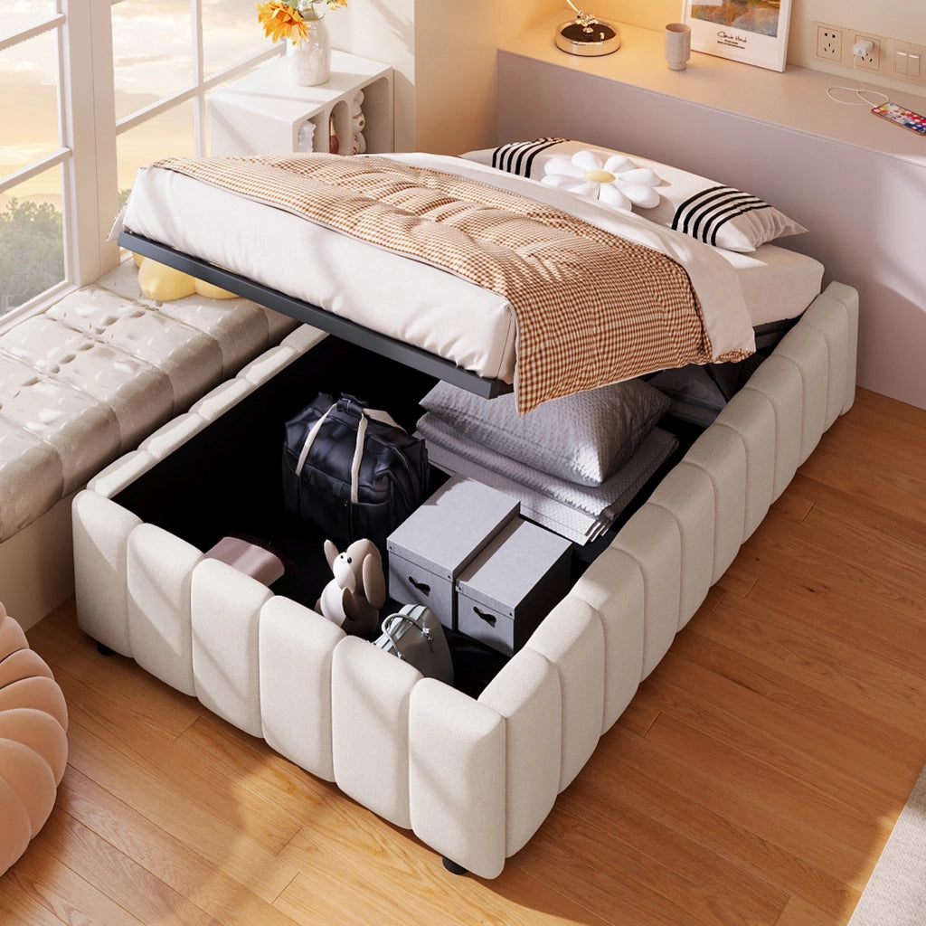 letto imbottito lino beige 90 x 200 cm