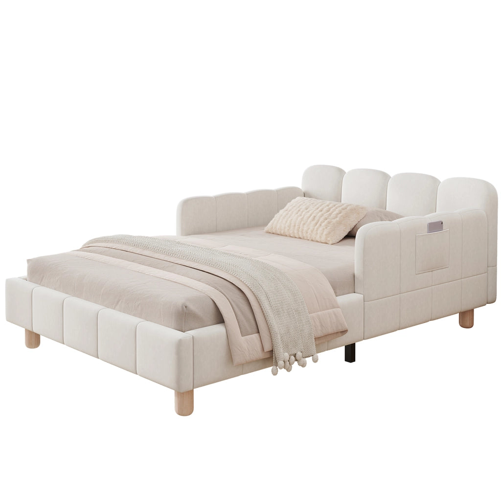 Letto singolo imbottito per bambini 90 x 200 cm in velluto beige con testiera ergonomica, sponde laterali e gambe in legno