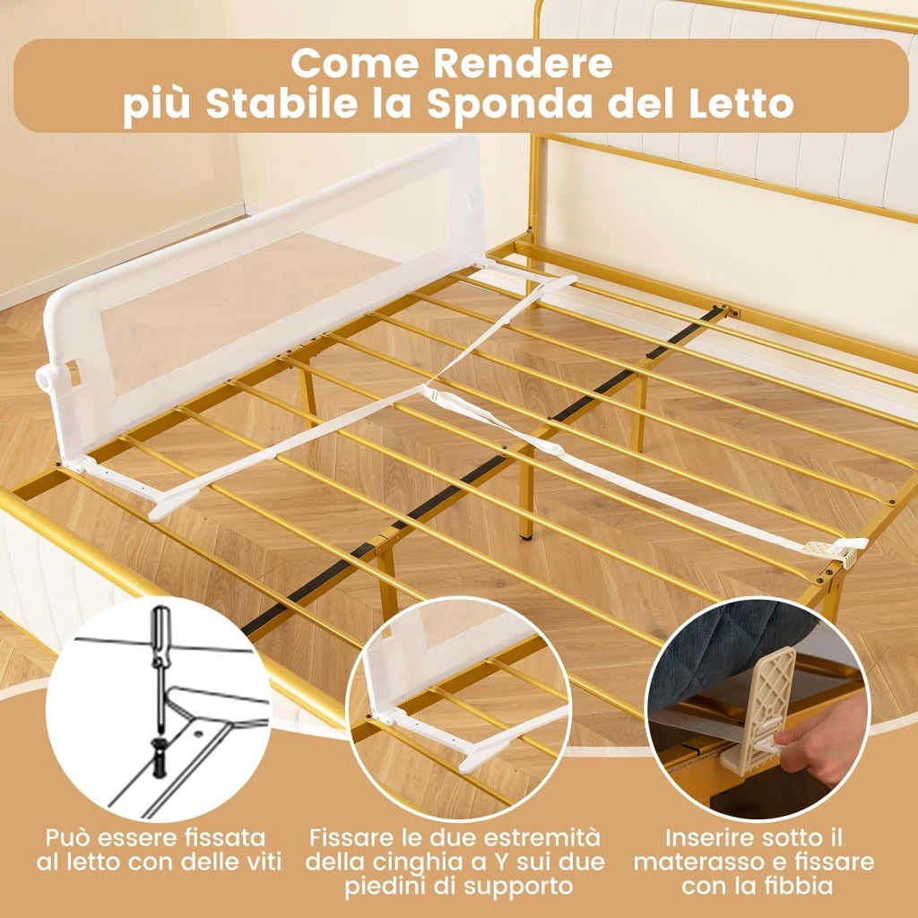 Sponda Letto per Bambini 105/120/150 cm, Barriera di Sicurezza per Neonati, Barriera Letto Pieghevole e Portatile, con Cinghia di Sicurezza (Bianco, 152 x 34 x 42 cm)
