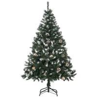 Albero di Natale Artificiale Innevato 150cm con 676 Rami e Pigne, Apertura Automatica e Base Pieghevole, Verde
