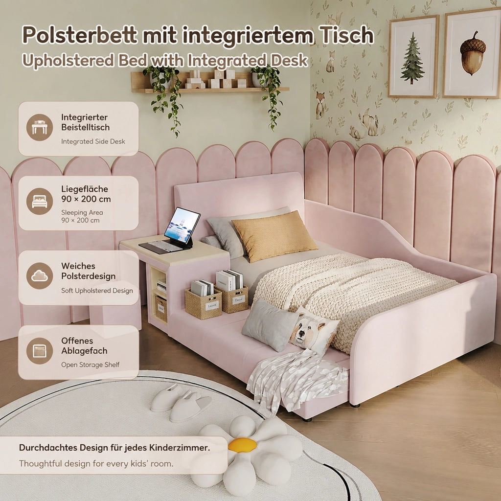 Letto per bambini 90 × 200 cm con scrivania, sgabello et ripiano, senza materasso, in velluto, rosa