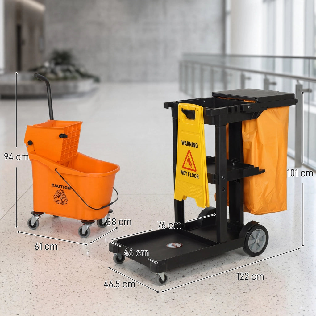Carrello Pulizie con Ruote, 3 Ripiani e Sacco 70L ¨C zephmum ¨C con Secchio e Strizzatore