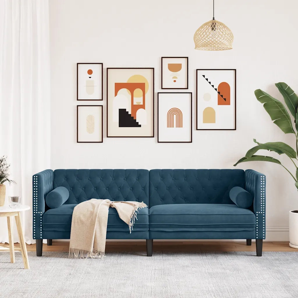 Divano Chesterfield con Rinforzi 3 Posti Blu in Velluto