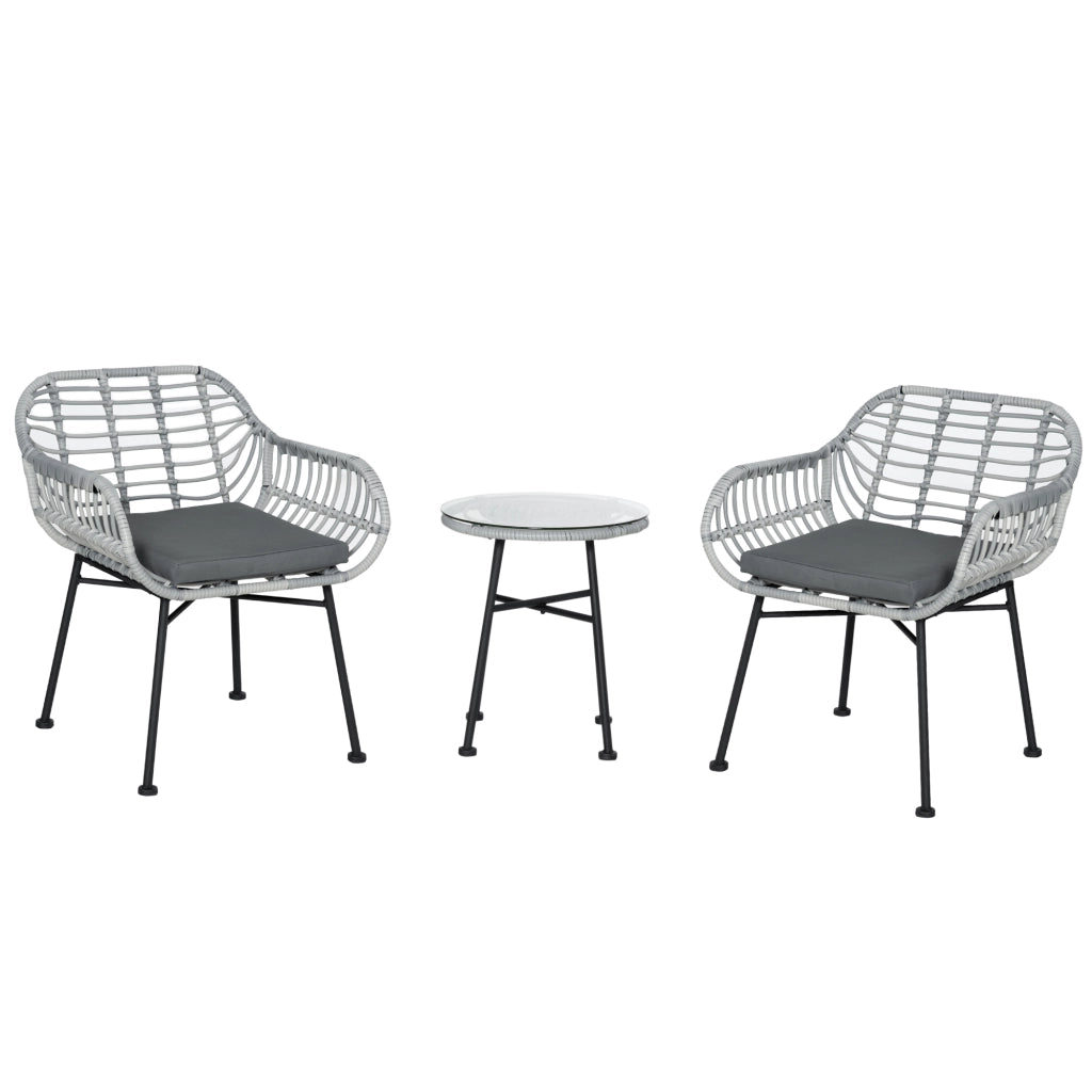 EasyComfort Set Mobili da Giardino in Rattan PE con 2 Sedie e Tavolino con Ripiano in Vetro, Grigio