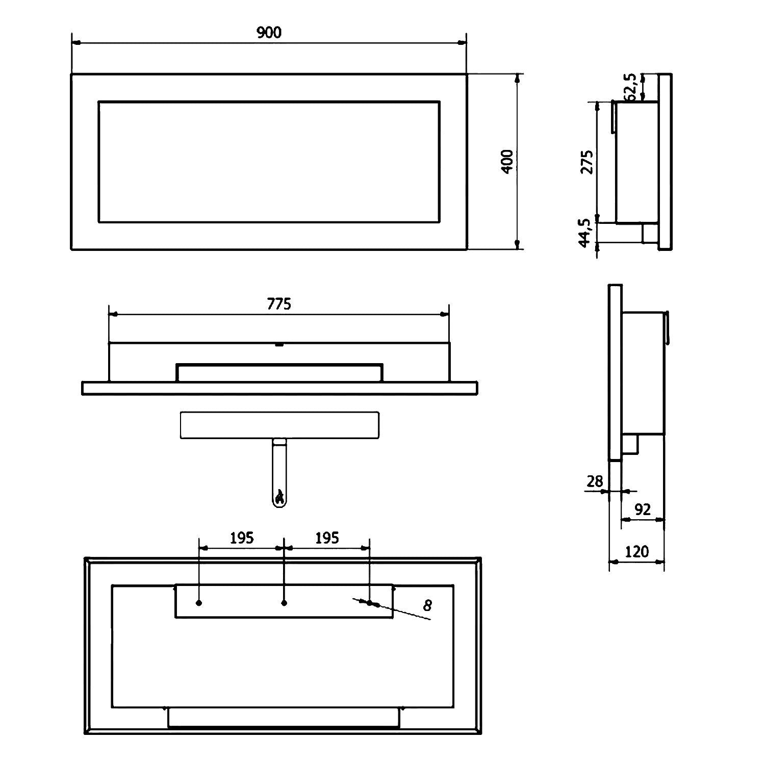 Lucca - Camino a bioetanolo da parete o incasso 90x12xH40 cm