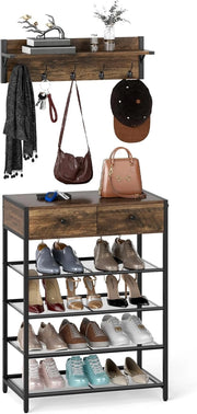 Set di Appendiabiti e Scarpiera, Organizer per Scarpe a 5 Ripiani con Appendiabiti da Parete, Ganci, Cassetti, Attaccapanni Industriale per Ingresso, Camera da Letto, Marrone Rustico