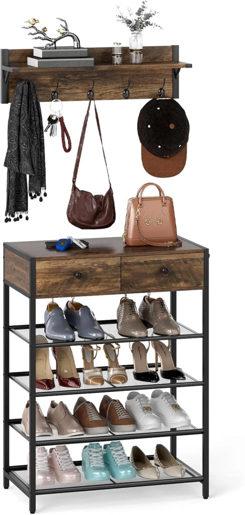 Set di Appendiabiti e Scarpiera, Organizer per Scarpe a 5 Ripiani con Appendiabiti da Parete, Ganci, Cassetti, Attaccapanni Industriale per Ingresso, Camera da Letto, Marrone Rustico