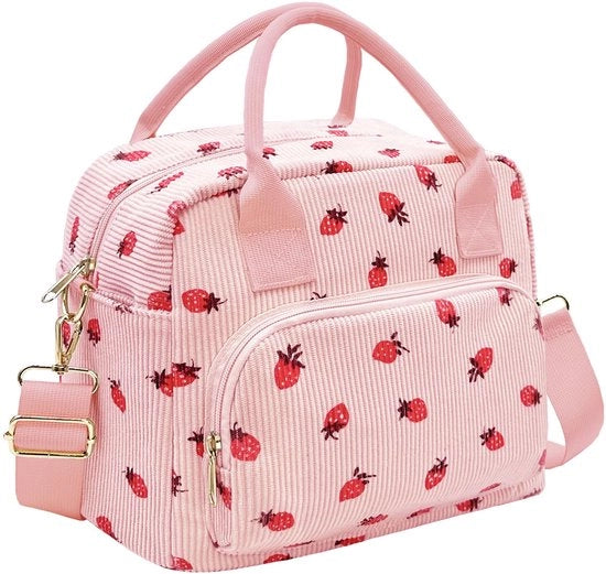 Borsa isolante per pranzo per uomo e donna, 10 litri, grande borsa corduroy per pranzo, sacchetto per il cibo termoisolante riutilizzabile per lavoro, picnic, spiaggia, rosa, mirtilli, casual