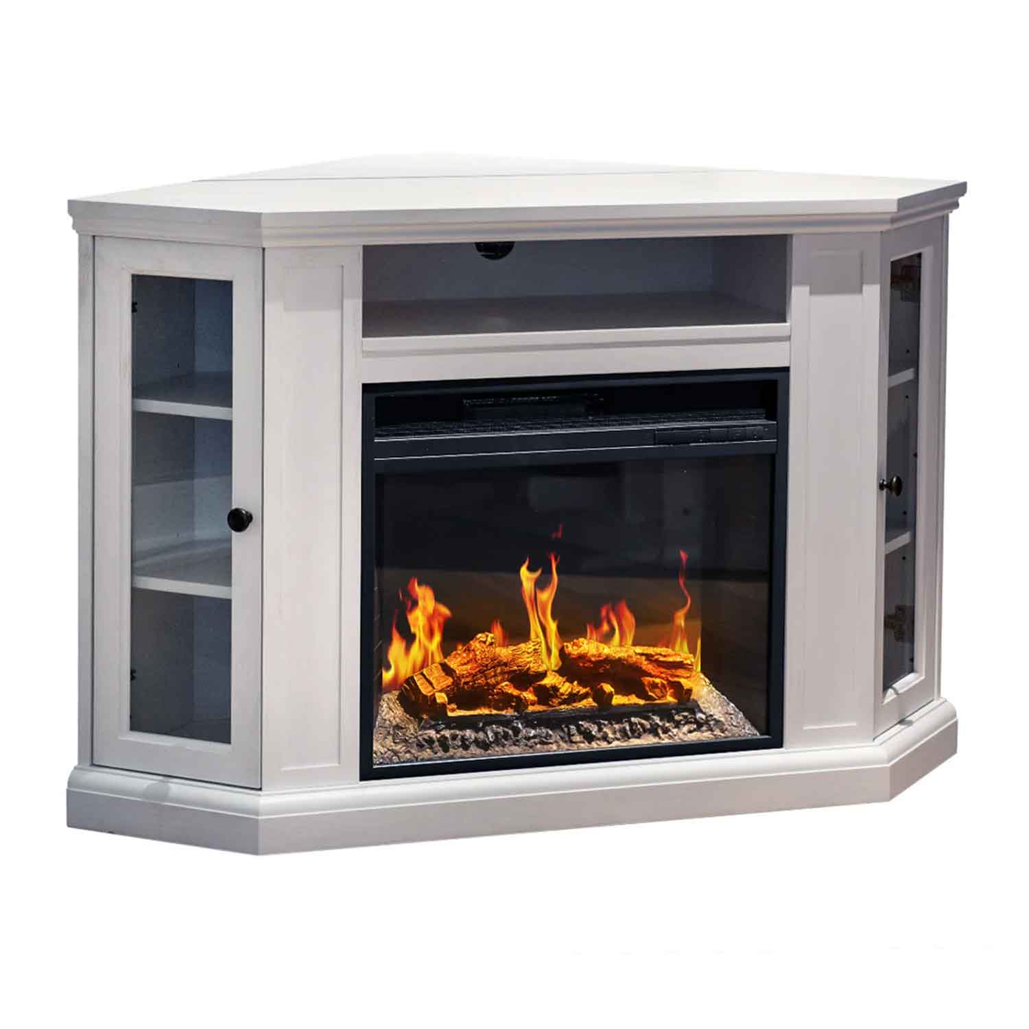 Madison - Camino elettrico angolare da terra 126x78xH83 cm, con effetto fiamma, colore bianco