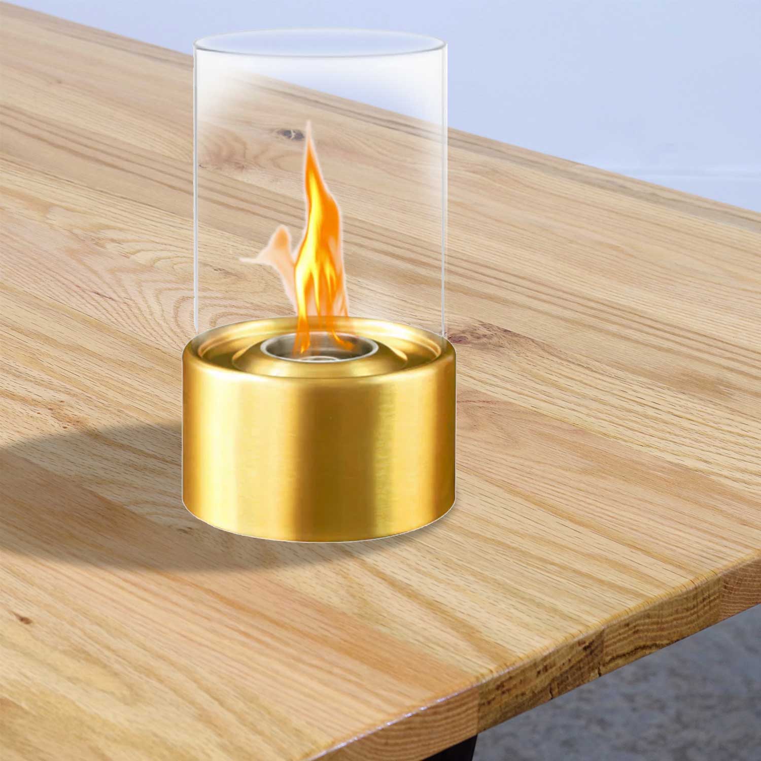 Marsiglia - Camino a bioetanolo da tavolo per interni ed esterni ø16 x H27 cm, colore dorato