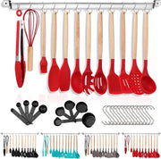 Set di cottura antiaderente in silicone a 38 pezzi con maniglia in legno e ganci - rosso