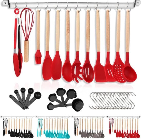 Set di cottura antiaderente in silicone a 38 pezzi con maniglia in legno e ganci - rosso