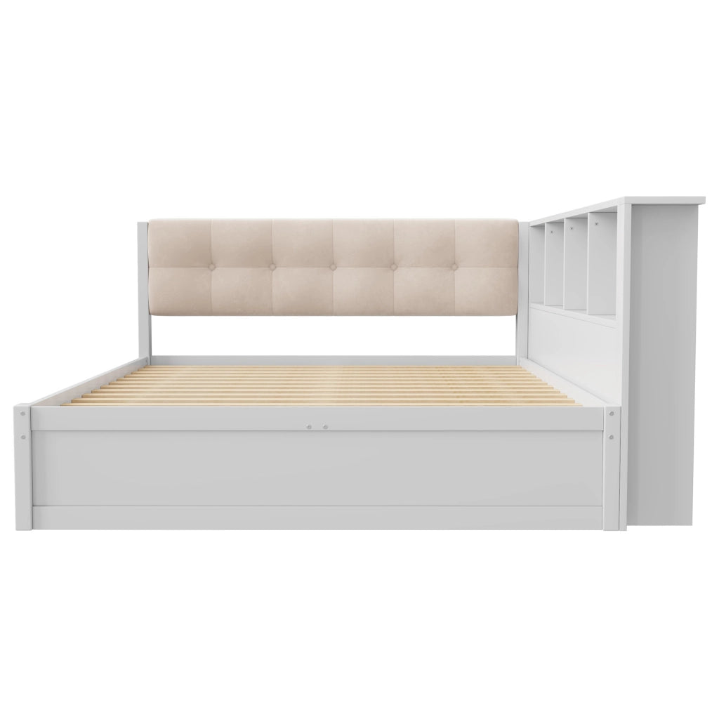 LETTO 140x200 cm con cassetti, ripiano, USB e LED, Legno di pino/MDF Bianco