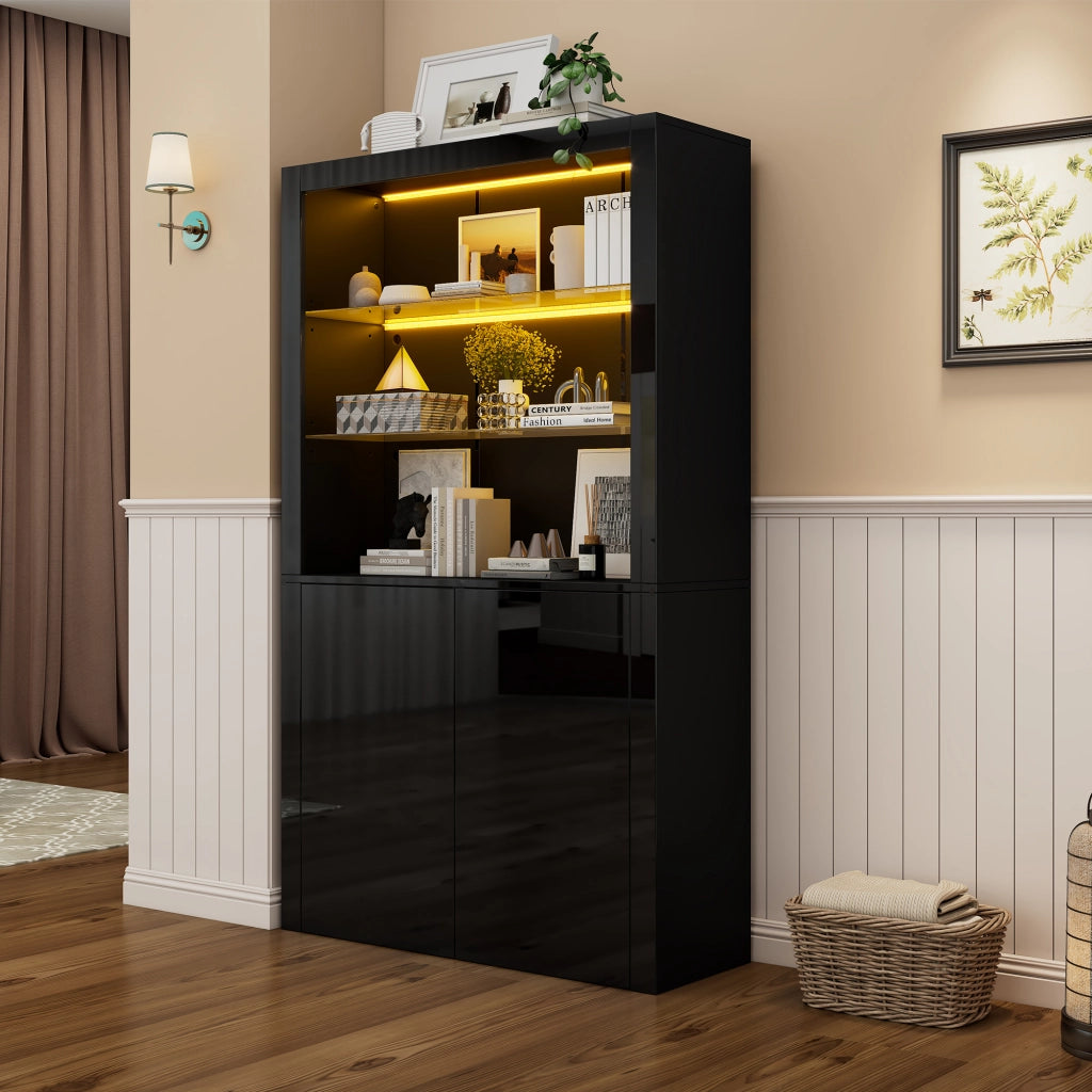 Vetrina con LED e 2 ante, 2 vani contenitore, per soggiorno, in MDF, truciolare e vetro, nera, 100 × 35 × 170 cm