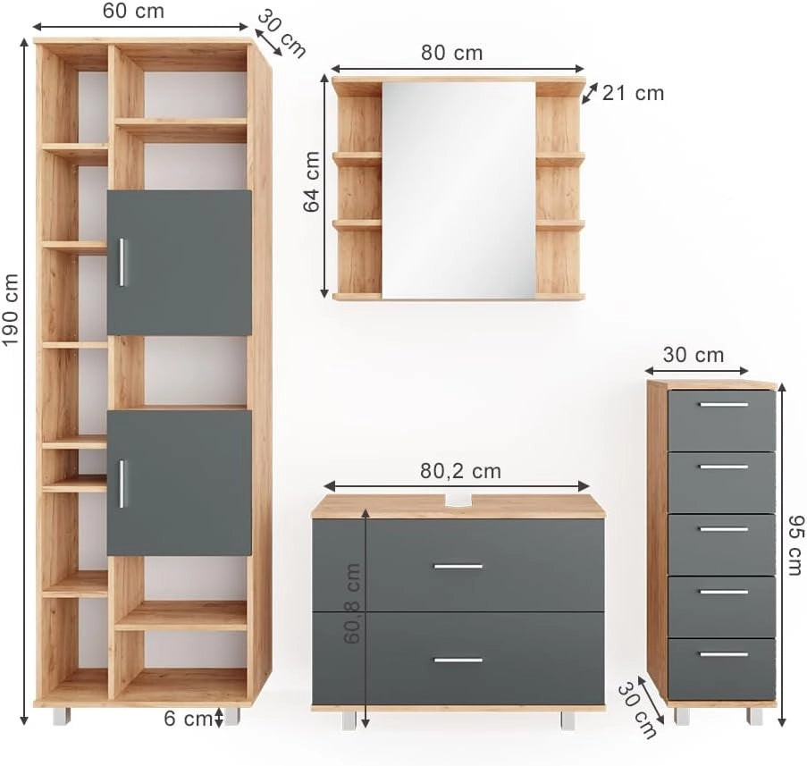 Set mobili bagno Ilias, Antracite/quercia dorata, 80.2 cm, composto da mobile lavabo, pensile a specchio, colonna e base media