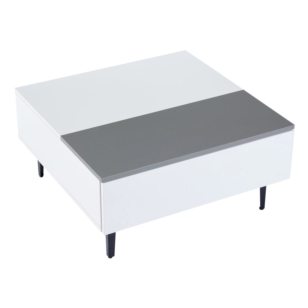 Tavolino da caffè sollevabile 70x70x35 cm con LED; ripiani interni e cassetto; bianco e grigio